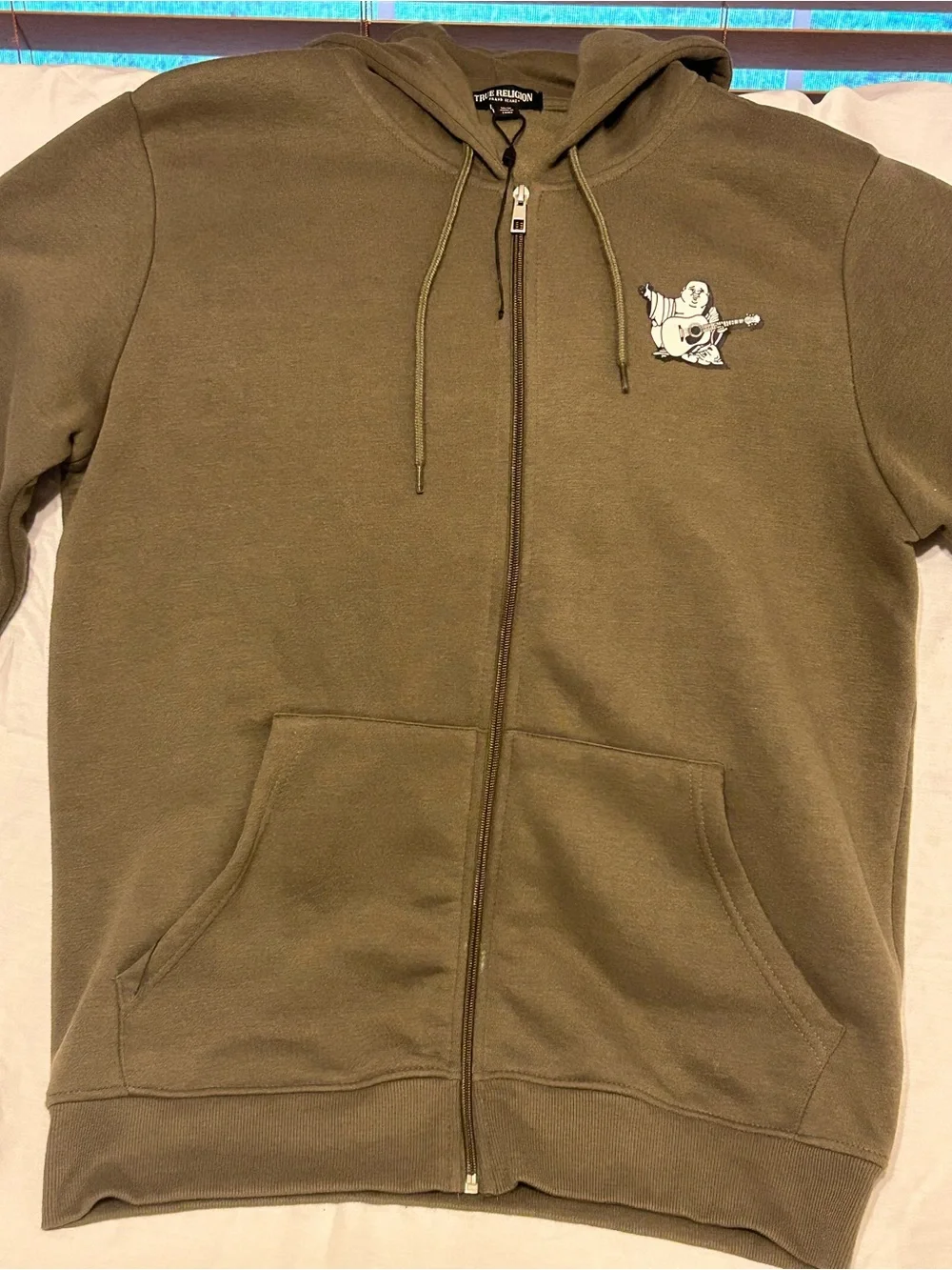 True Religion Men's Olive Zip-Up Hoodie with Subtle Chest Logo